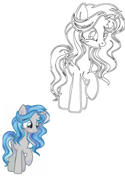 A cute grey cartoon pony with long, wavy blue hair and a shy expression, presented as both a vibrant illustration and a detailed outline.