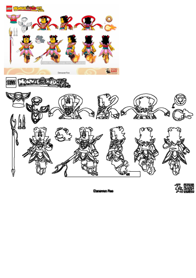 Lego Monkie Kid character sheet for Princess Iron Fan, featuring various poses, detailed costume elements, and weapon designs.