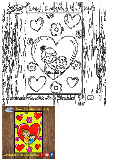 Easy Drawing for Kids showcasing a mother and child in a heart, surrounded by vibrant flowers and smaller hearts, displayed on a wooden background.