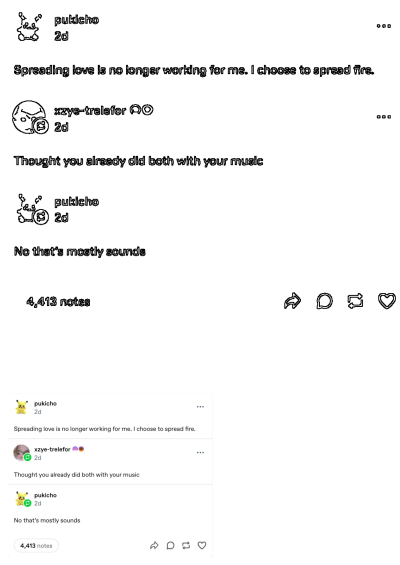 Pukicho Tumblr post declaring a choice to 'spread fire' instead of love, featuring a humorous exchange about music and sounds.