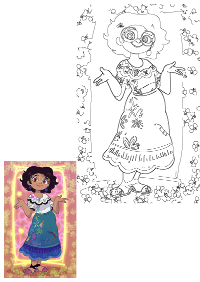 Mirabel Madrigal, the cheerful cartoon girl from Encanto, with green glasses and her iconic dress, depicted in a detailed outline for drawing.