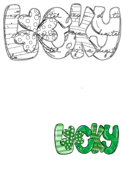 Green polka dot and striped 'LUCKY' lettering with a shamrock for St. Patrick's Day, including a black & white outline version.