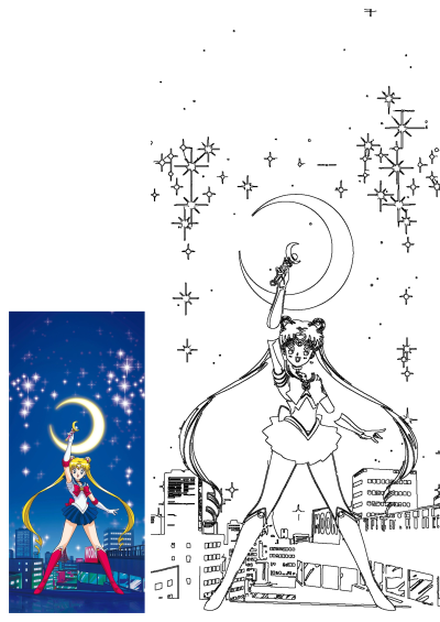 Sailor Moon anime character in a moonlight illustration, standing heroically on a city rooftop under a starry sky with a crescent moon, holding Moon Stick. Also features outline art.