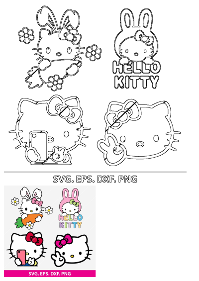 Hello Kitty vector bundle with bunny, selfie, and peace sign designs in SVG, EPS, DXF, PNG for crafting and digital projects.