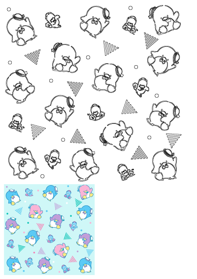 Cute colorful penguin pattern. Features penguins in blue, pink, and purple with sailor hats on a light blue background with geometric shapes.