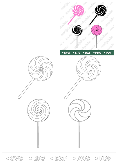 Lollipop SVG vector clipart with swirl candy designs in outline, pink, and black. Sweet graphics for crafts and digital projects.