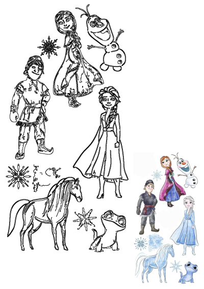 Frozen 2 characters: Anna, Elsa, Kristoff, Olaf, Bruni, Nokk. Features both outline art and full-color illustrations, with snowflakes.