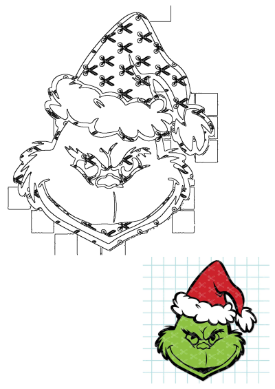 Grinch wearing a Santa hat. Features a detailed outline drawing for crafts and a colored version on a graph paper background.