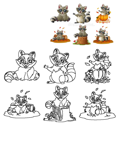 Adorable raccoon illustrations in multiple poses, some colored, some line art, featuring autumn pumpkins, logs, and leaves.