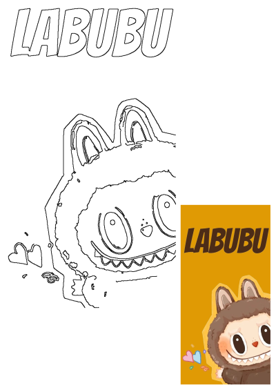 Labubu Cartoon Animal Character, a cute monster with pointy teeth and big eyes. Features outline art and a colorful illustration with 'LABUBU' text.