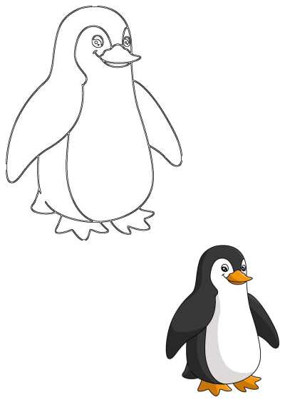 A cute cartoon penguin illustration in black, white, and orange, standing next to its black outline for activity.