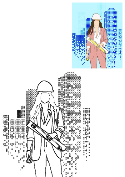 Stylized illustration of a female engineer in a pink suit and hard hat, holding a level and plans, against a modern city background.