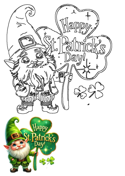 Happy St. Patrick's Day gnome in green attire holding a shamrock sign. Features both a vibrant colored illustration and a line art outline.