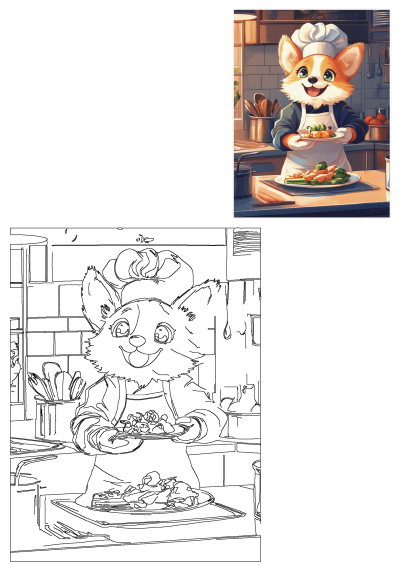 Corgi Chef Cooking Food Kitchen Painting: A cheerful Corgi chef proudly presents a plate of cooked food in a cozy kitchen setting.