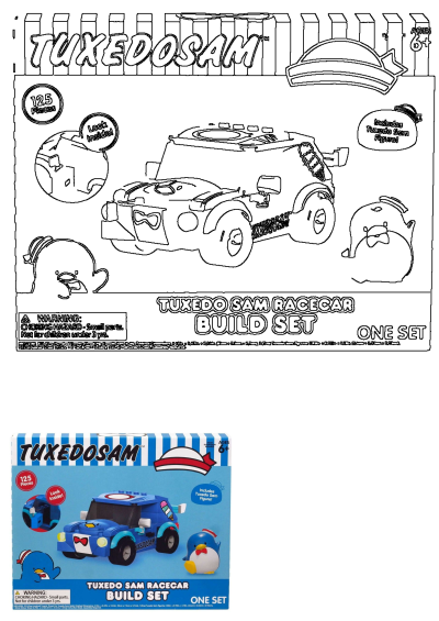 Tuxedosam Racecar Building Blocks, a Hello Kitty themed build set. Features a blue racecar, 125 pieces, and a Tuxedosam figure.