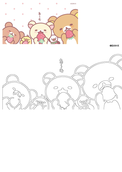 Cute Rilakkuma, Korilakkuma, and Kiiroitori enjoying a strawberry feast. Features both a colorful illustration and an outline design.