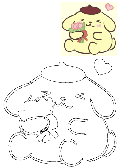 Cute Pompompurin dog with a beret and flowers, also provided as a clear black line art outline.