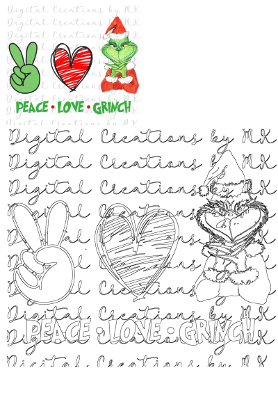 Grinch, peace sign, heart, and 'PEACE LOVE GRINCH' in colored and outline versions for Christmas SVG/PNG Cricut crafts.