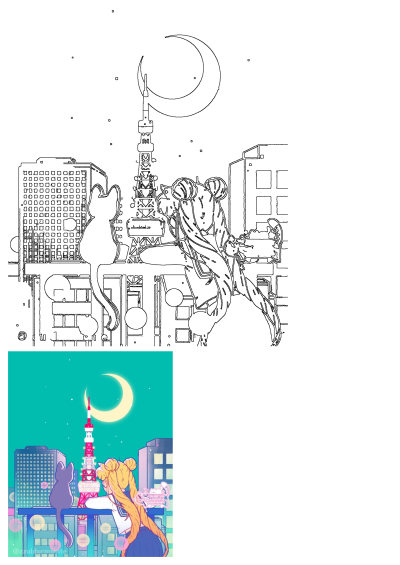 Sailor Moon and a cat (Luna) admire the Tokyo Tower under a crescent moon at night, overlooking the glowing cityscape.