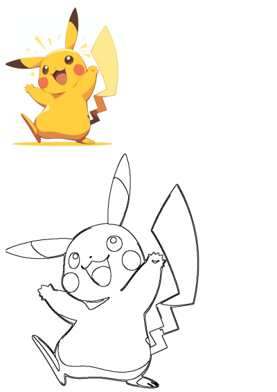 A cheerful, yellow Pikachu cartoon with hands raised and lightning sparks, shown next to its black outline art for coloring.