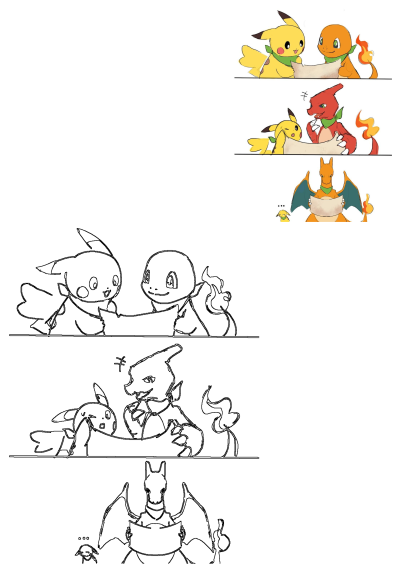 Cute Pokemon comic showing Pikachu and Charmander's evolution line (Charmeleon, Charizard) on a map adventure, in color and sketch.