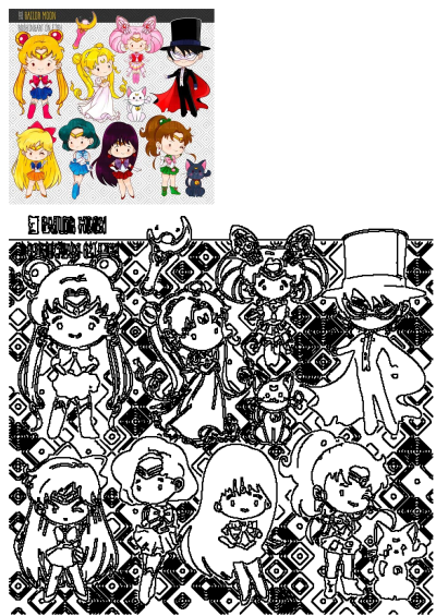 Cute chibi Sailor Moon, Tuxedo Mask, and Sailor Scouts fan art collection, with vibrant colored characters and black outline versions.