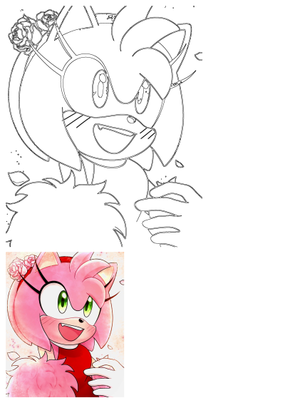 Cheerful Amy Rose, the pink Sonic hedgehog, smiling with green eyes and flowers in her quills, featured as line art and vibrant artwork.