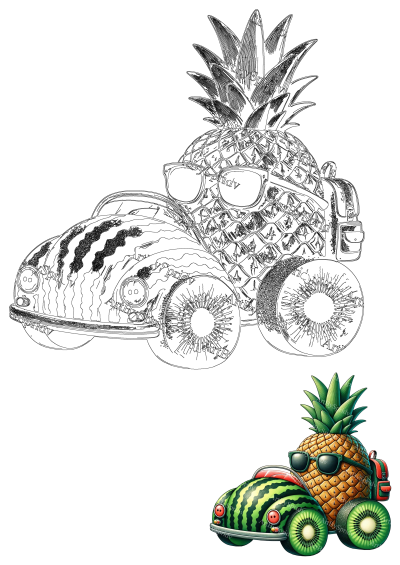 A cool pineapple character wearing sunglasses drives a whimsical watermelon car with kiwi wheels and a backpack. Perfect for summer fun.