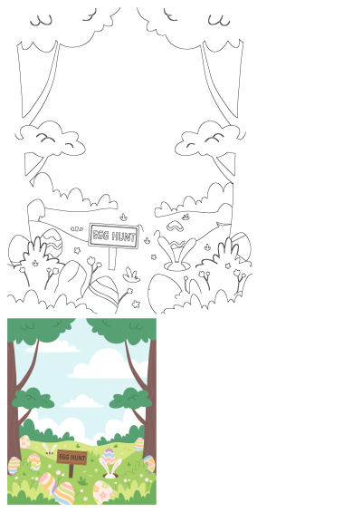 Joyful Easter egg hunt in a vibrant green field featuring colorful decorated eggs, hidden bunnies, and an 'EGG HUNT' sign.