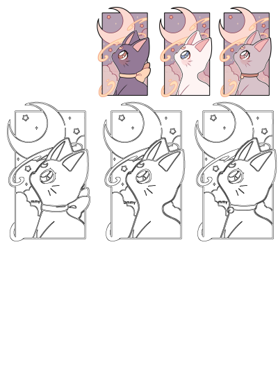 Cute cartoon cats, featuring colored (purple, white, pink) and outline versions, gaze at a crescent moon and stars.