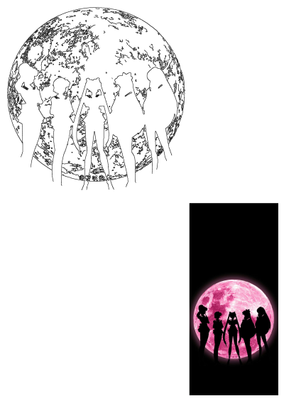 Sailor Moon and the Sailor Scouts appear as silhouettes against a luminous pink full moon on a dark background. Also includes a line art version.