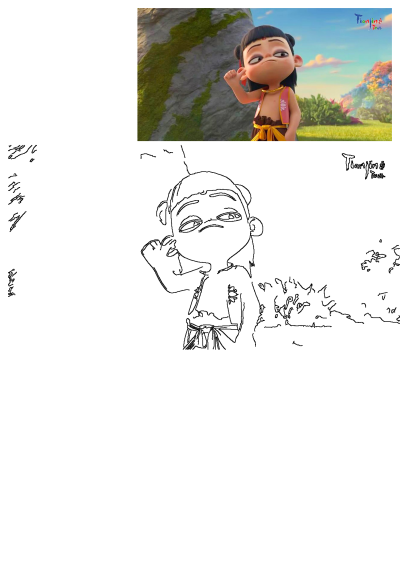 Animated character in grass looking into the distance with a sassy expression, featured alongside her outline sketch.