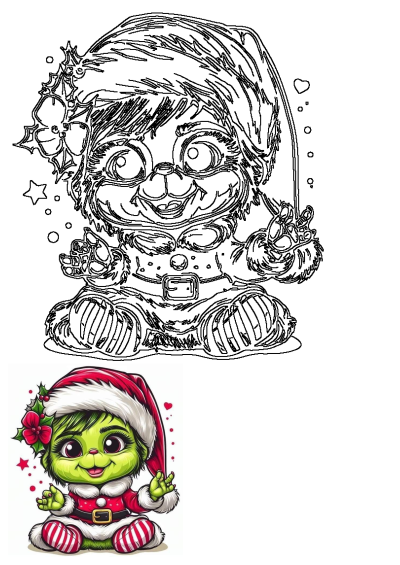 Cute Baby Grinch Christmas Santa Hat Holly Cartoon Illustration. A smiling green Grinch in a red Santa outfit with holly on its hat.