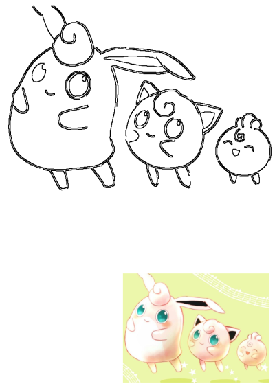 Cartoon image of Pokemon Wigglytuff, Jigglypuff, and Igglybuff with musical notes. Features both a vibrant colored version and line art.