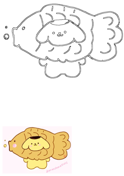 Cute Pompompurin drawing showing the yellow Sanrio puppy character nestled happily inside a golden taiyaki pastry.