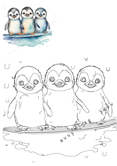 Three cute watercolor penguins happily sit on a blue and white striped surfboard with bubbles, presented with a black and white outline.