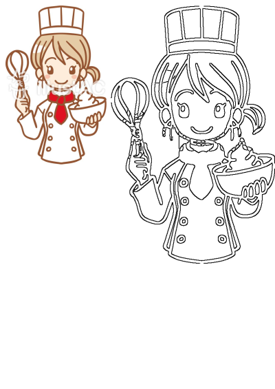 A happy cartoon female chef, wearing a hat, holds a whisk and a bowl of cream. Features both colored and line art versions.