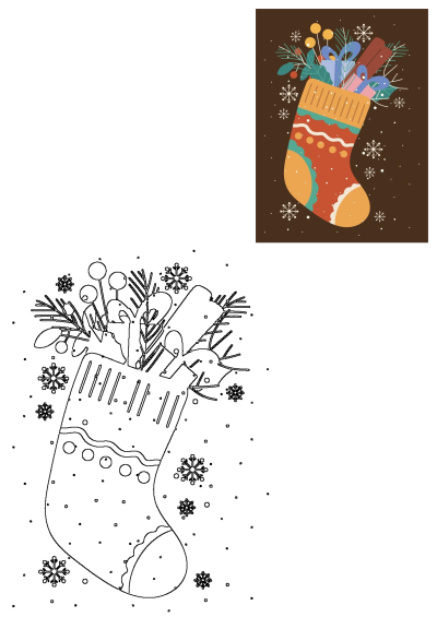 Festive Christmas stocking brimming with colorful gifts, berries, and pine, presented as a vibrant illustration and a line art outline.