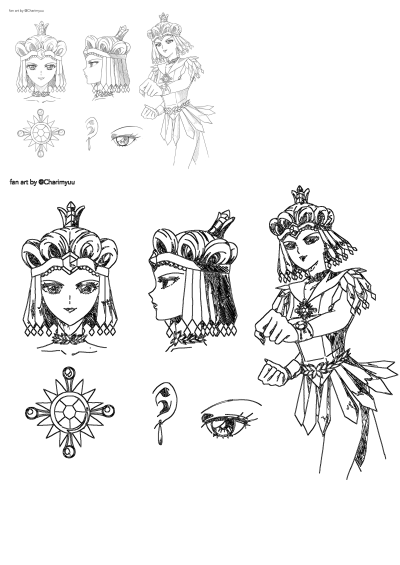 Princess character design sheet fan art by Charimyuu, featuring full body, headshot, side profile, and accessory details like crown and medallion.