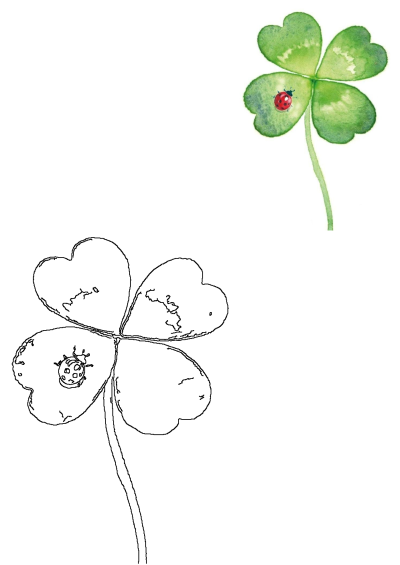 A vibrant watercolor lucky four-leaf clover with a ladybug, paired with its black-and-white heart-shaped outline for coloring.