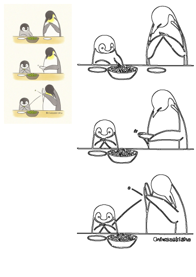 A funny three-panel comic shows an adult penguin struggling to eat edamame from its pod, while a clever baby penguin effortlessly eats its portion.