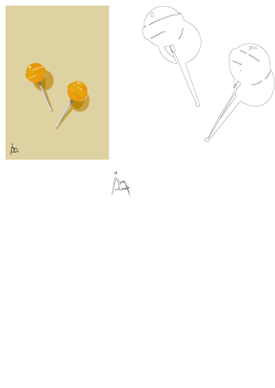 Two shiny yellow lollipops with white sticks casting subtle shadows on a minimalist beige background, offering a sweet visual.