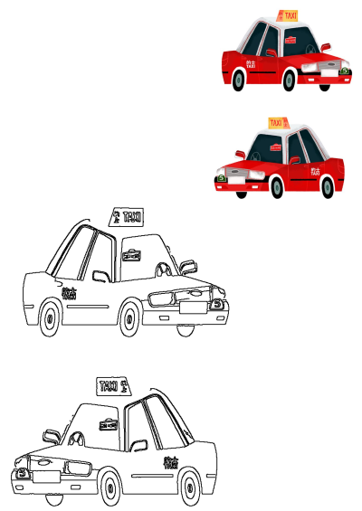 A vibrant illustration of two red Hong Kong taxi cabs with white roofs and 'TAXI' signs, positioned side by side on a clean white background.