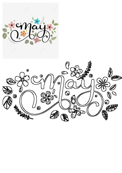 Colorful May Floral Design Spring Month Greeting with a decorative script and vibrant flowers, also includes a black outline illustration.