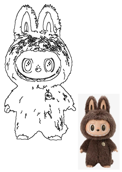 Fluffy Monster Rabbit Brown Toy Figurine, a plush creature with a wide smile, displayed with its line art outline.