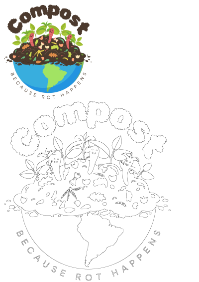 Colorful compost logo features happy worms, green sprouts, and organic waste on a world globe. Text says 'COMPOST' and 'BECAUSE ROT HAPPENS'.