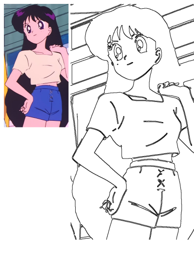 Colored anime art of Rei Hino (Sailor Mars) with long hair, crop top, blue shorts, beside a black outline for coloring.