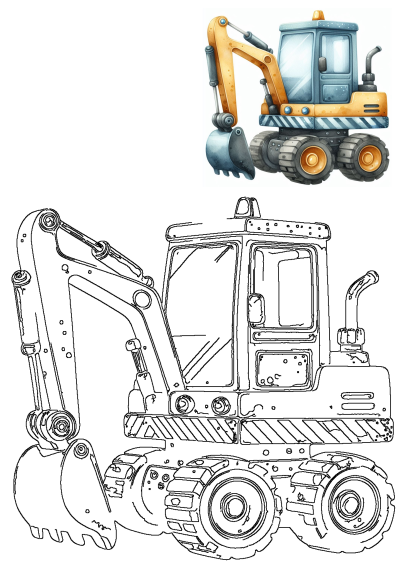 A colorful watercolor cartoon excavator construction vehicle paired with its black and white outline version, great for kids and fans.