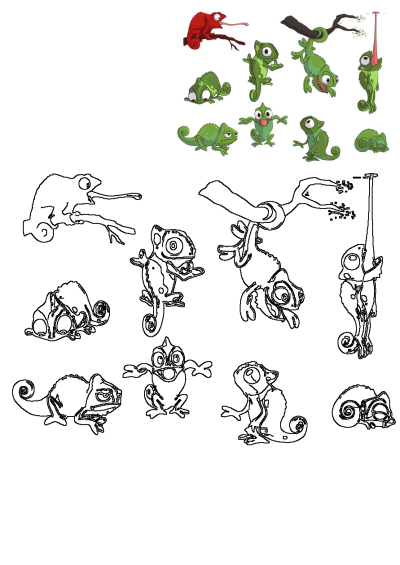 Vector cartoon chameleons and lizards in various poses, from happy to sad, with red, green, and outline versions.