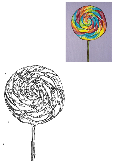 Vibrant colorful lollipop painting with swirling stripes on a textured purple background, alongside its black outline drawing.